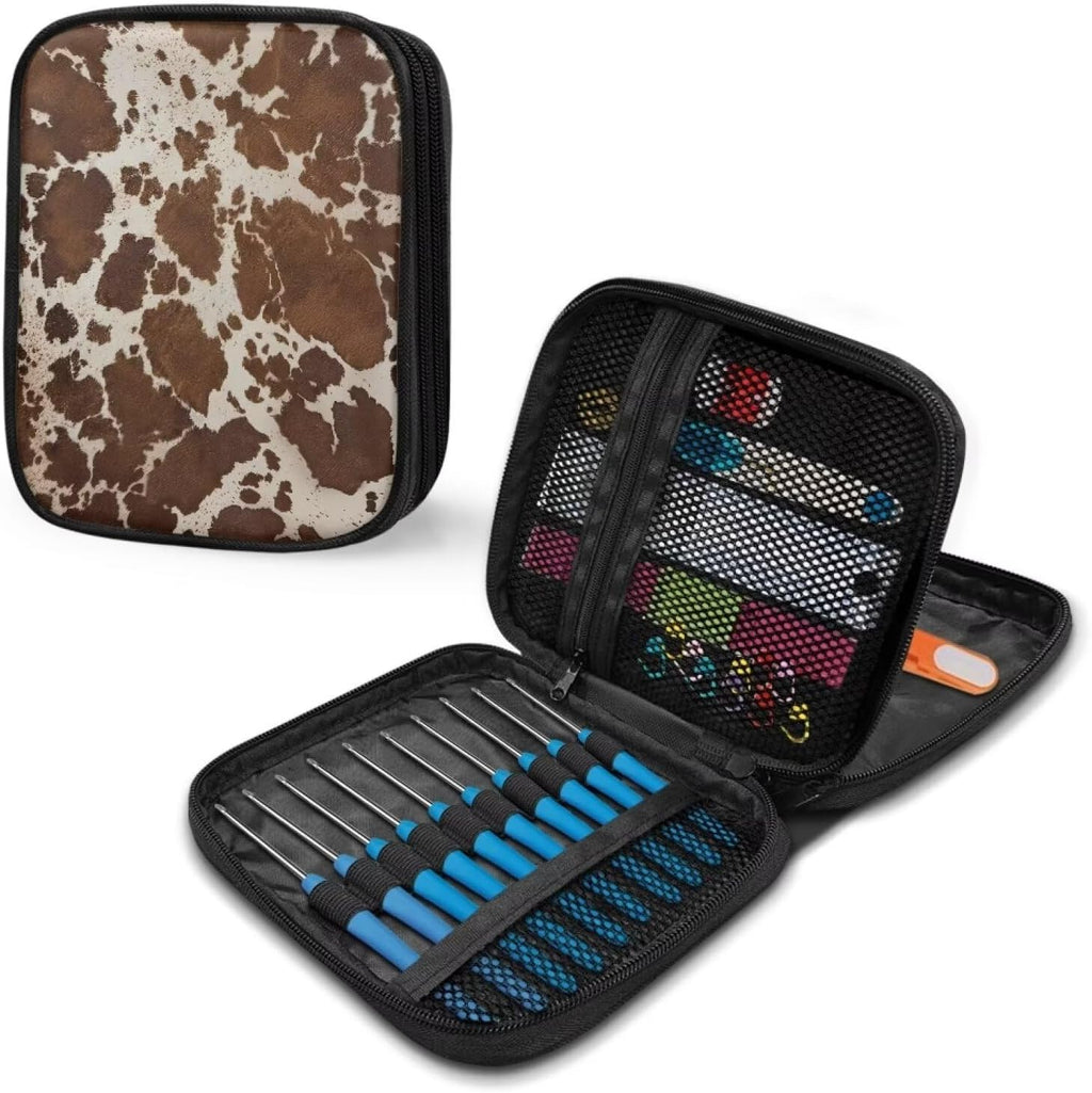 Brown Crochet Hook Case Empty Cow Print Knitting Needle Case Organizer