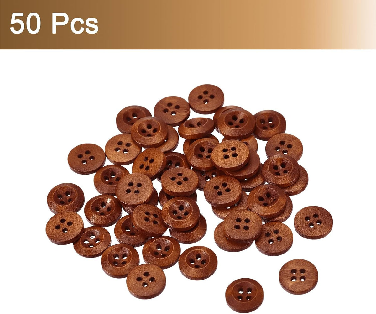 uxcell 50Pcs Wooden Buttons, 12.5mm(1/2") 4 Hole Round Wood Sewing