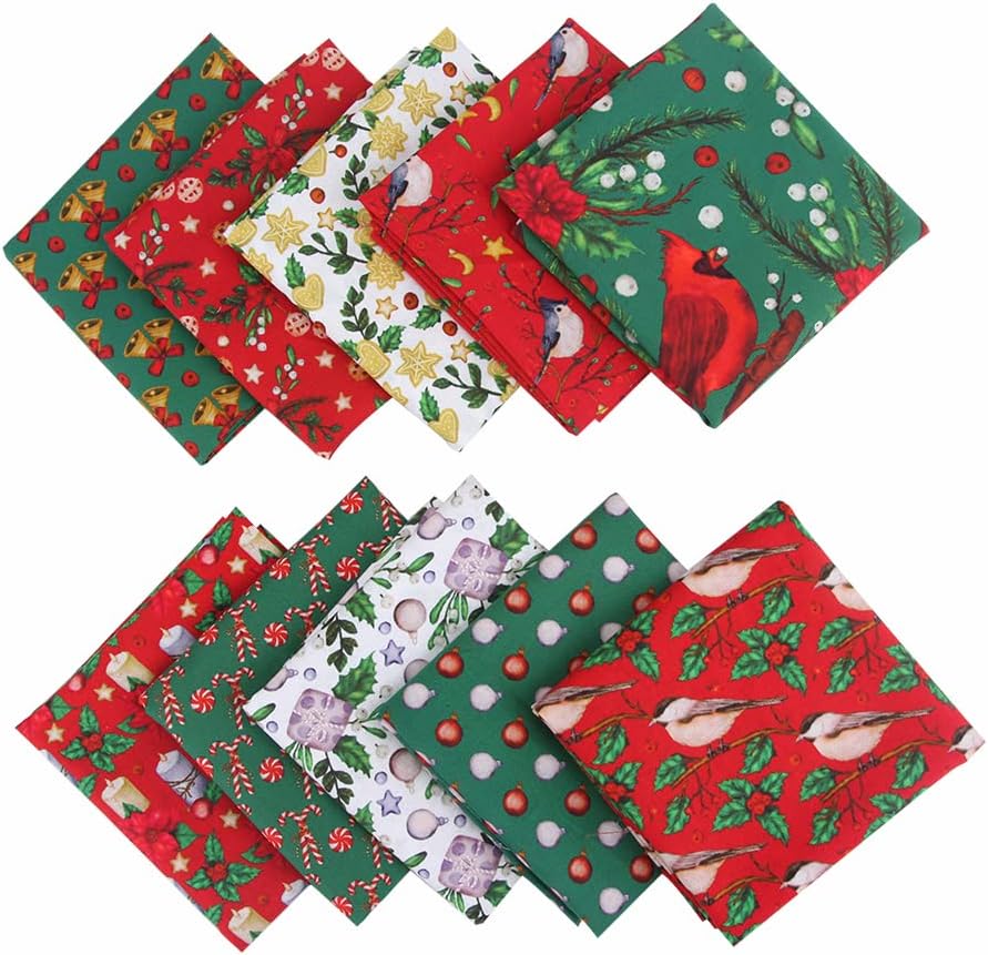 10PCS Christmas Cotton Fabric Bundles 20" x 20" Printed Fat Quarter