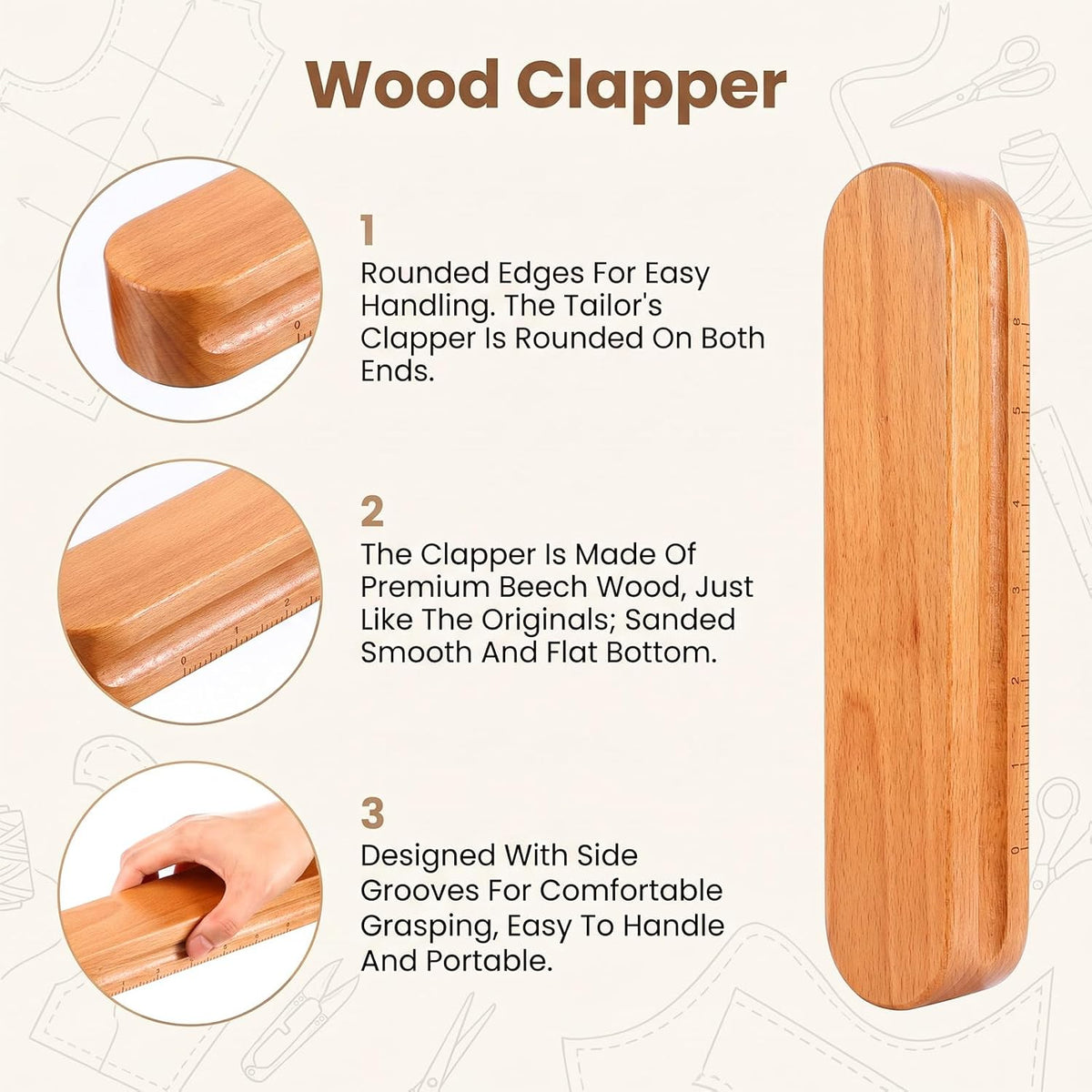 3 Pcs Hardwood Clappers with Scale, 7", 9.5", 12" Tailors Clapper for