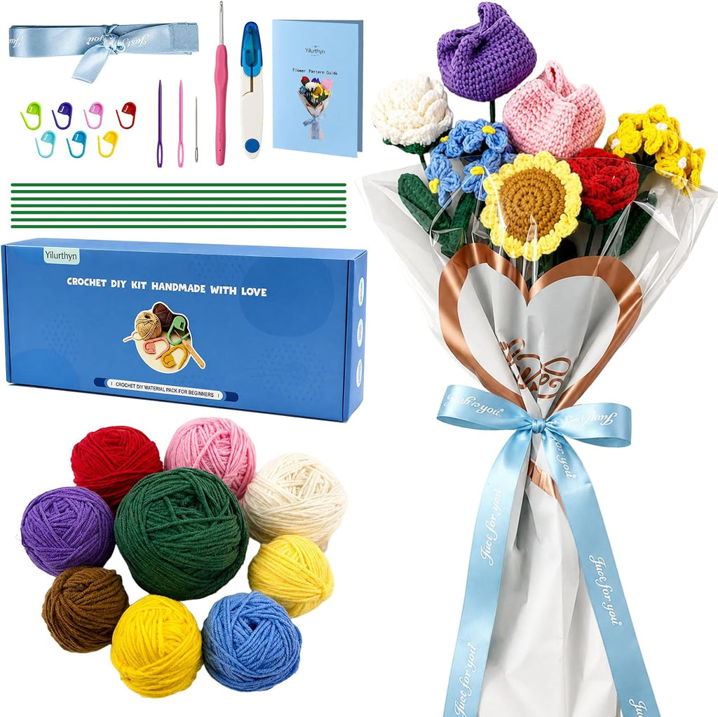 Yilurthyn Crochet Kit DIY Handmade Flower Rose Tulip Sunflower 7pcs