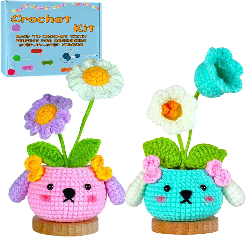 2PCS DIY Flower Crochet Kit for Beginners Animal Potted Plants Starter