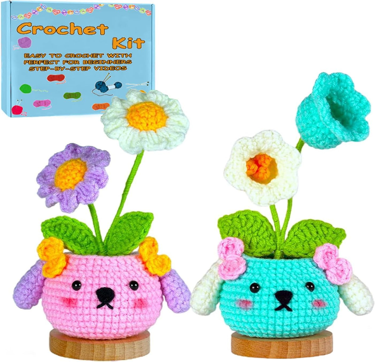 2PCS DIY Flower Crochet Kit for Beginners Animal Potted Plants Starter