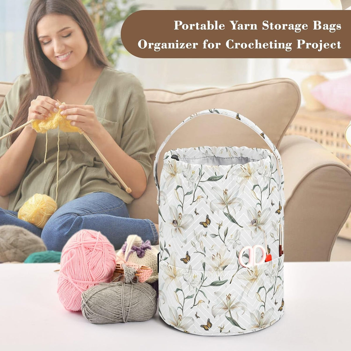 Cute Lily FLOWERs Crochet Yarn Bag Bag Yarn Storage with Holes Crochet