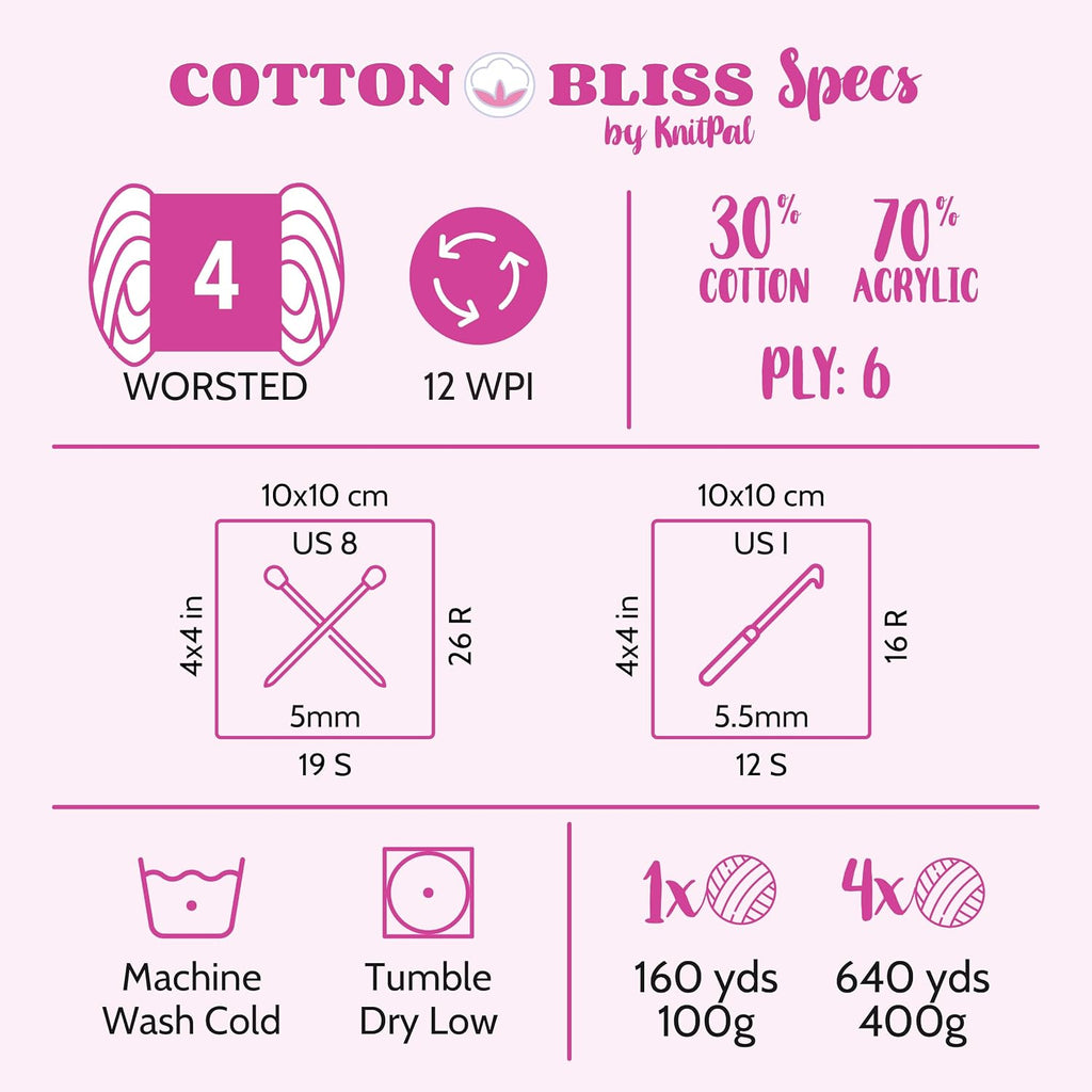 Cotton Bliss #4 Cotton Blend Yarn, 4-Pack (640Yds/400G), Lavender