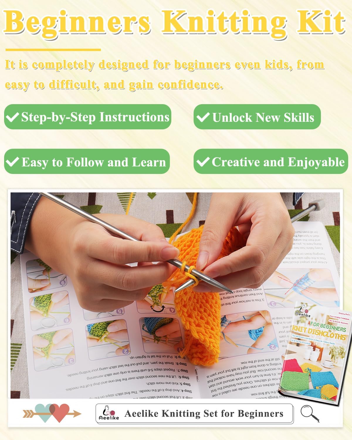 Aeelike Knitting Kit for Beginner Adult, Easy Dishcloth Knit Set