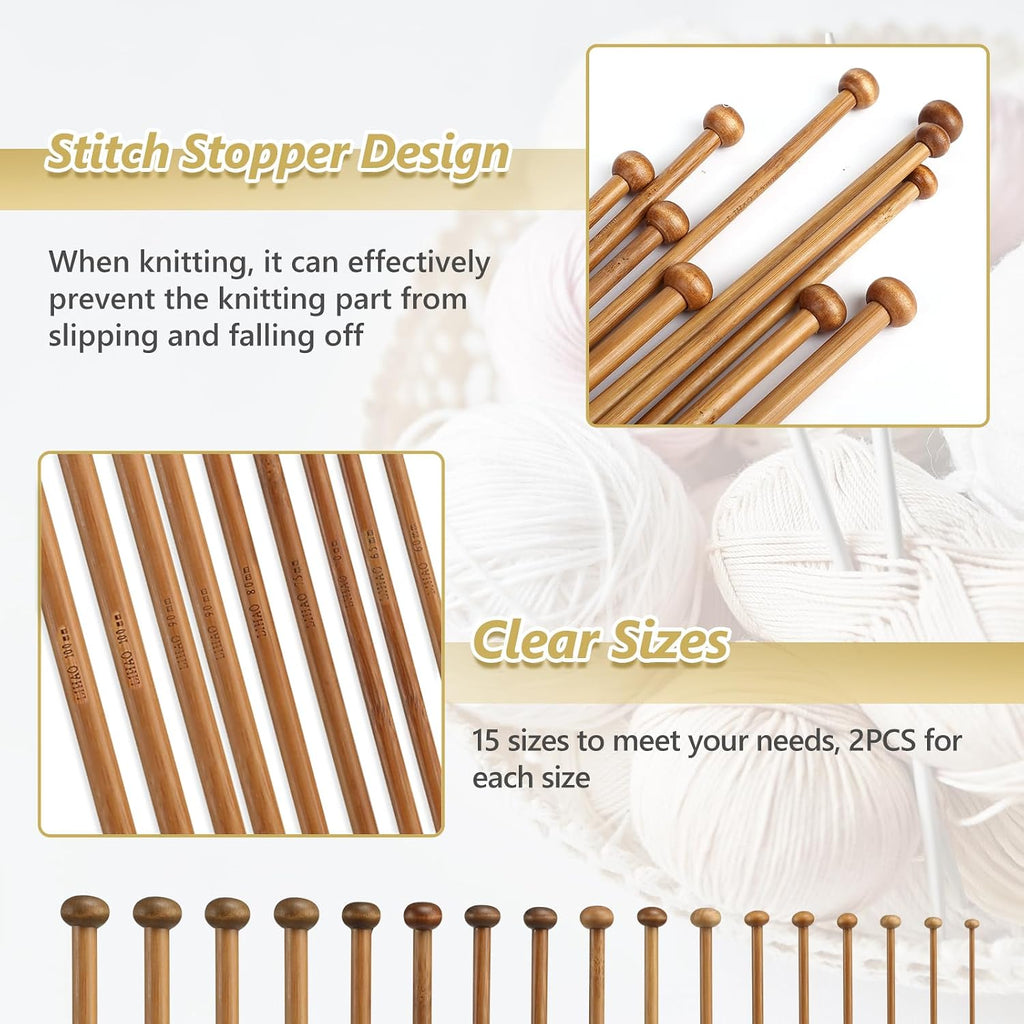 LIHAO 30 Pcs Bamboo Knitting Needles, Wooden Knitting Needles