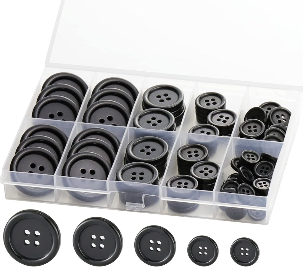 100 Pcs Premium Black Round Resin 4-Hole Sewing Buttons, 5 Sizes