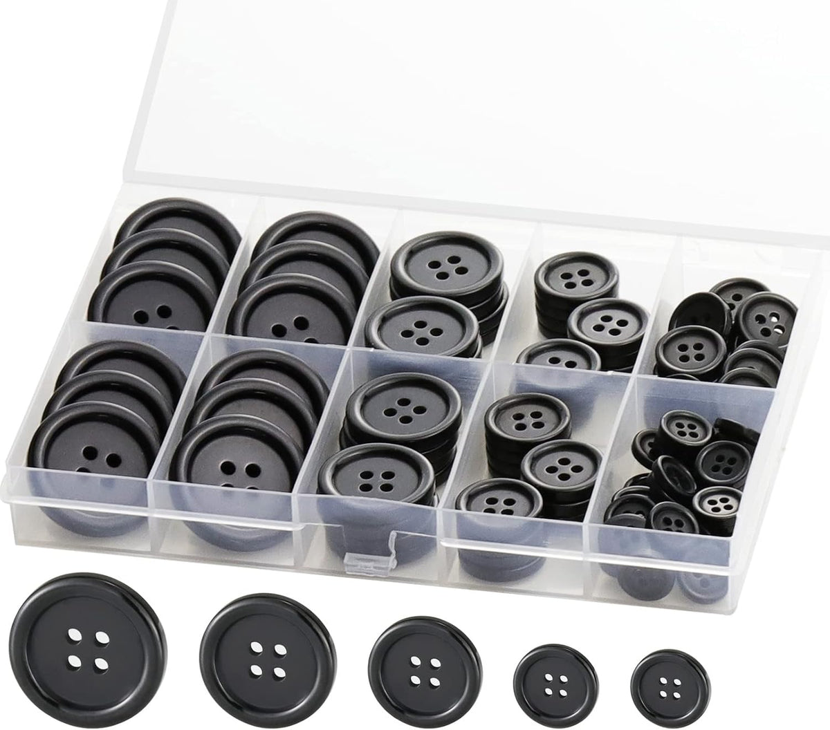 100 Pcs Premium Black Round Resin 4-Hole Sewing Buttons, 5 Sizes