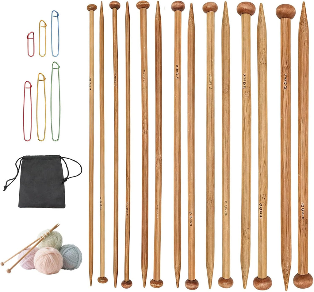 7 Pairs Bamboo Knitting Needles Set, Straight Single Pointed Wooden