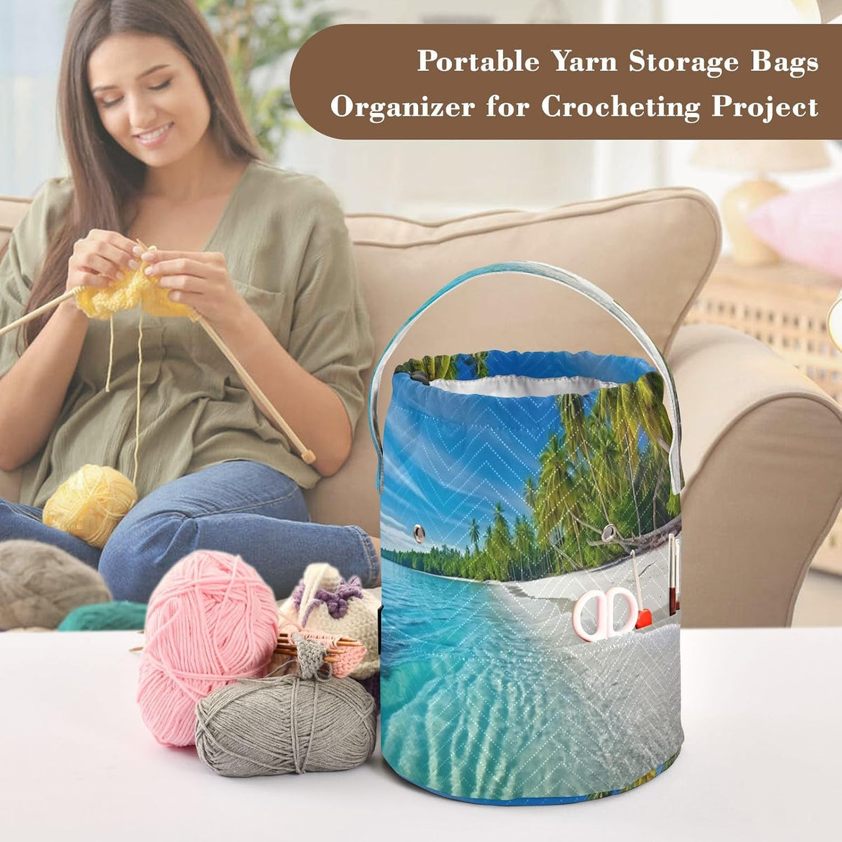 YETTASBIN Summer Beach Yarn Storage Bag, Large Crochet Knitting Bag