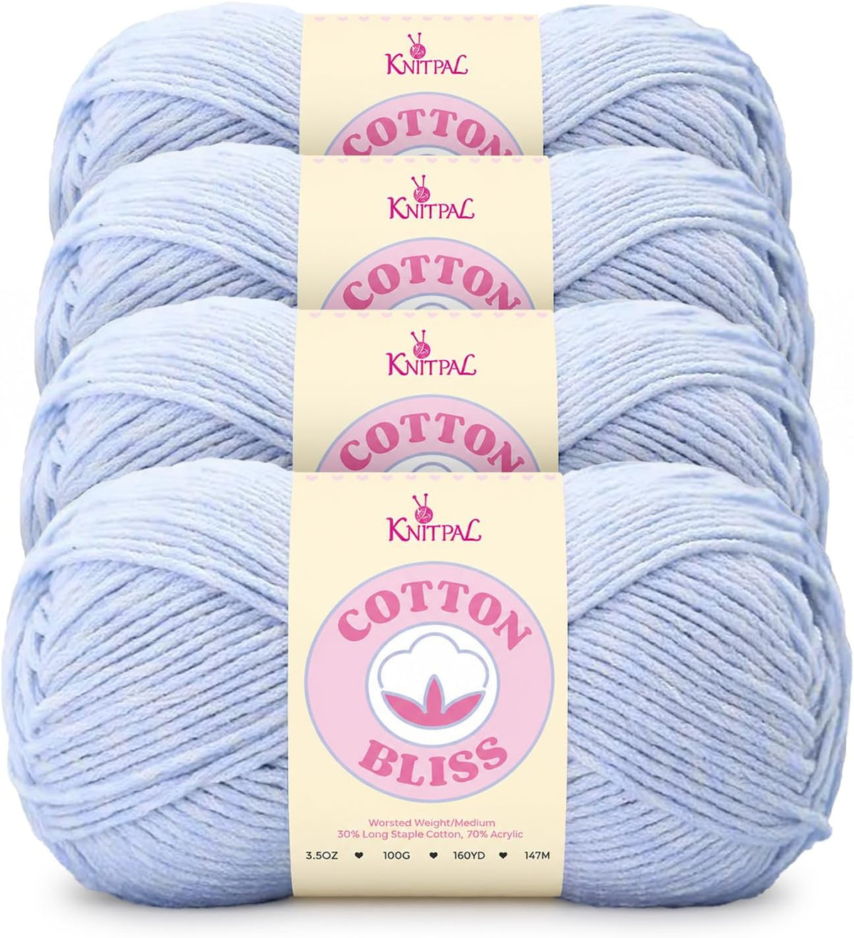 Cotton Bliss #4 Cotton Blend Yarn, 4-Pack (640Yds/400G), Lavender