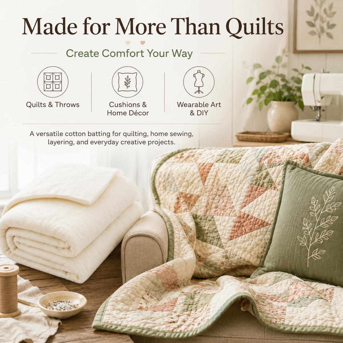 Natural Cotton Quilt Batting, 47"x59" Mid‐Weight (200 g/m2) Cotton