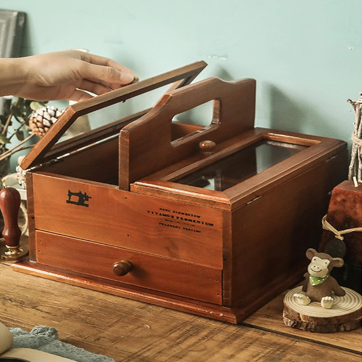 Sewing Kit, Retrowooden Sewing Basket Portable Sewing Box Drawer Type