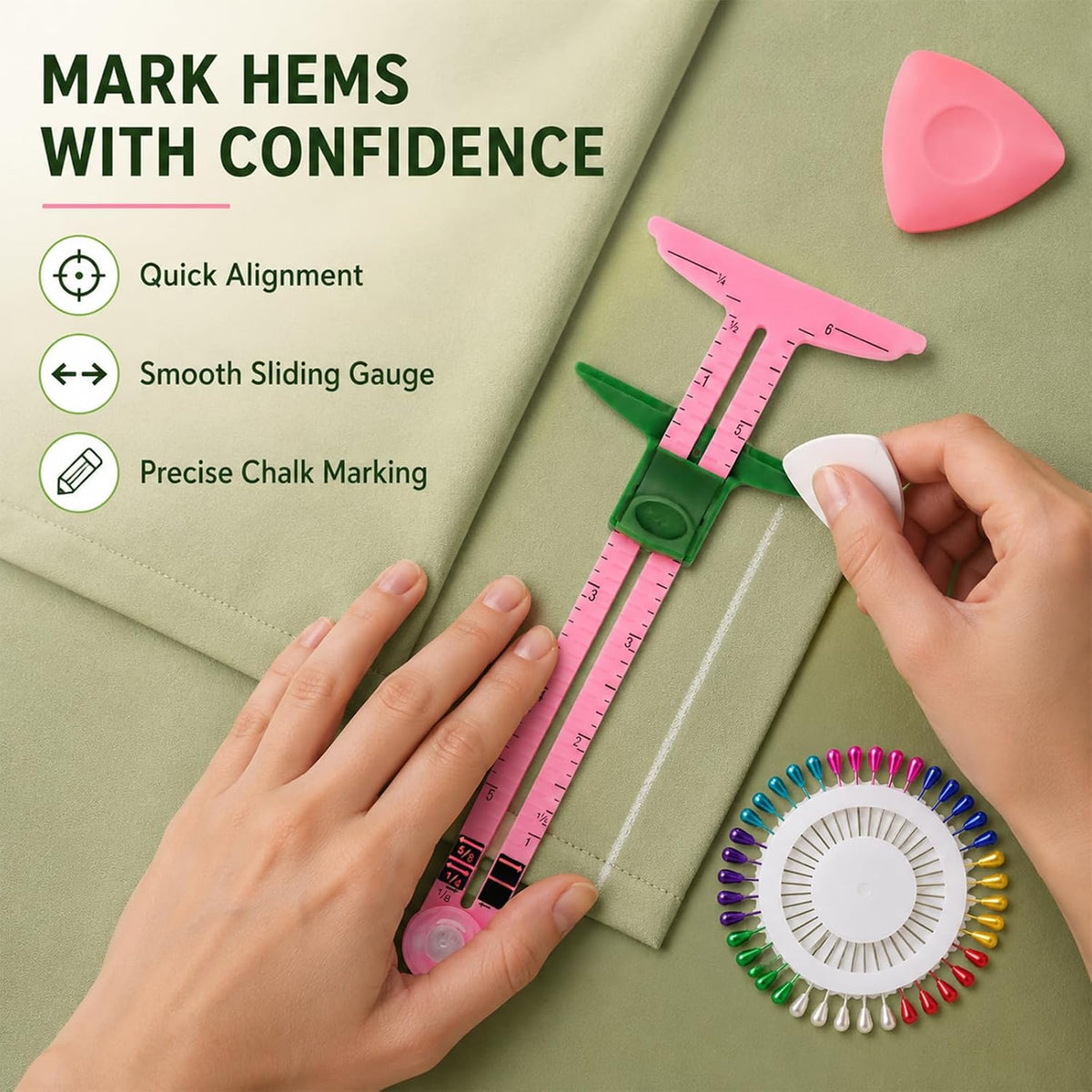5 Piece Sewing Gauge Set, 5-in-1 Sliding Ruler & Seam Gauge, Pink