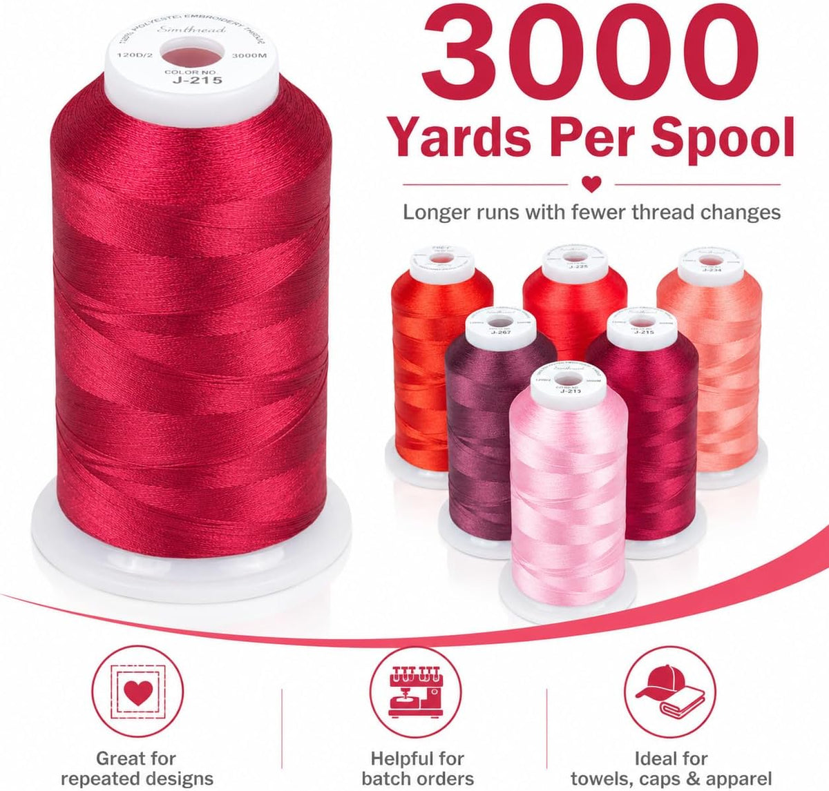 Simthread 6 Spools 3000 Yds 40WT Polyester Embroidery Thread Red Pink