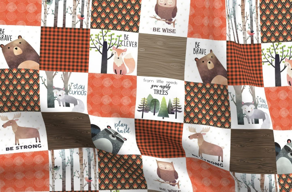 Spoonflower Fabric Woodland Patchwork Quilt Bear on Cotton Poplin