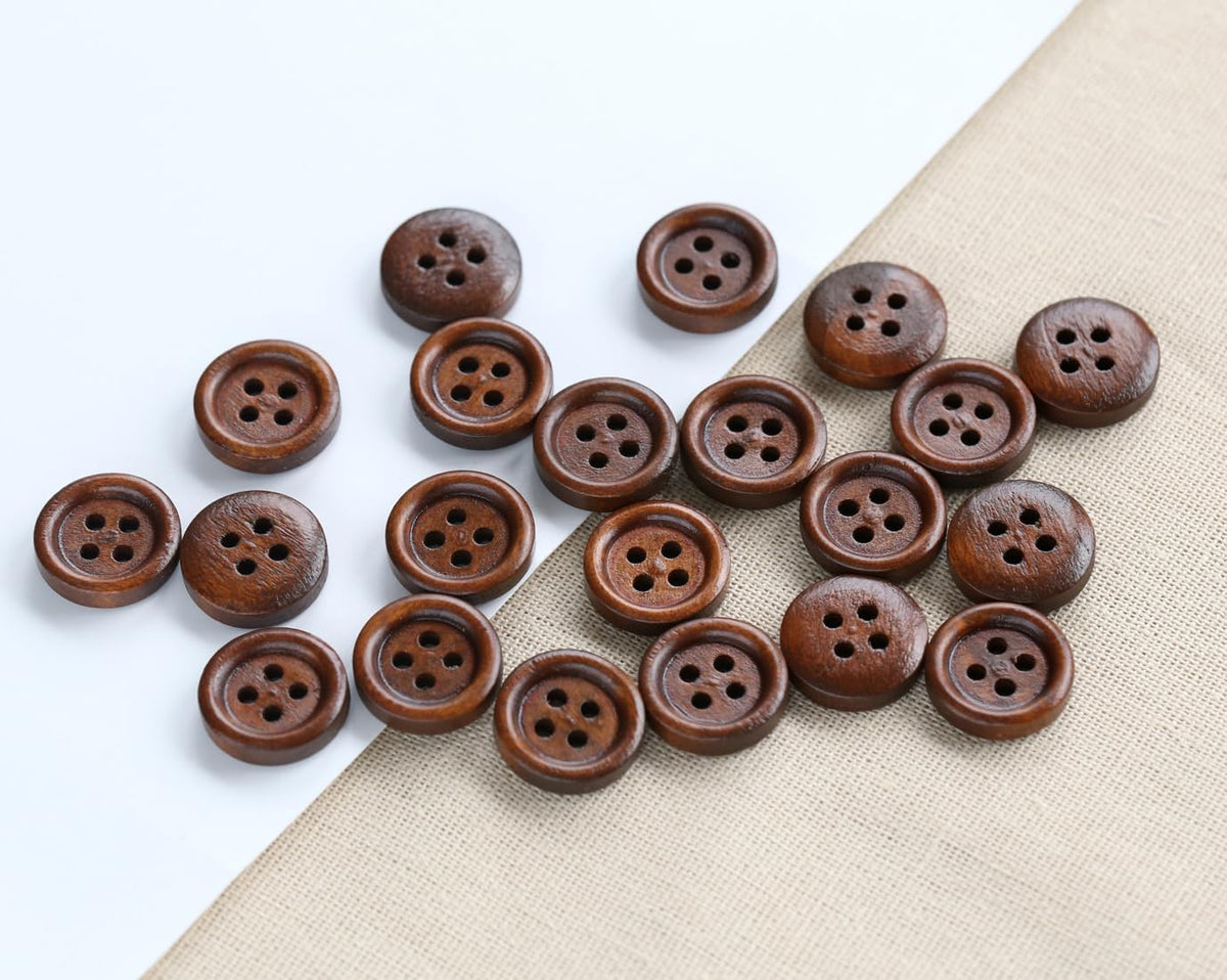 200PCS 5/8 Inch (15mm) Brown Color Wooden Buttons DIY Crafts Button