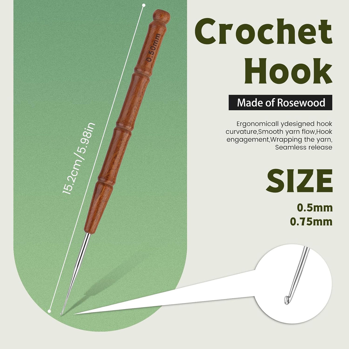 Wuadua 0.5/0.75mm Crochet Hook Ergonomic Crochet Hooks with Wooden