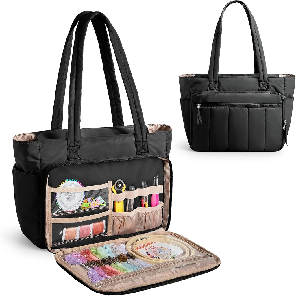 LUXJA Large Puffy Embroidery Bag with Multiple Pockets, Black