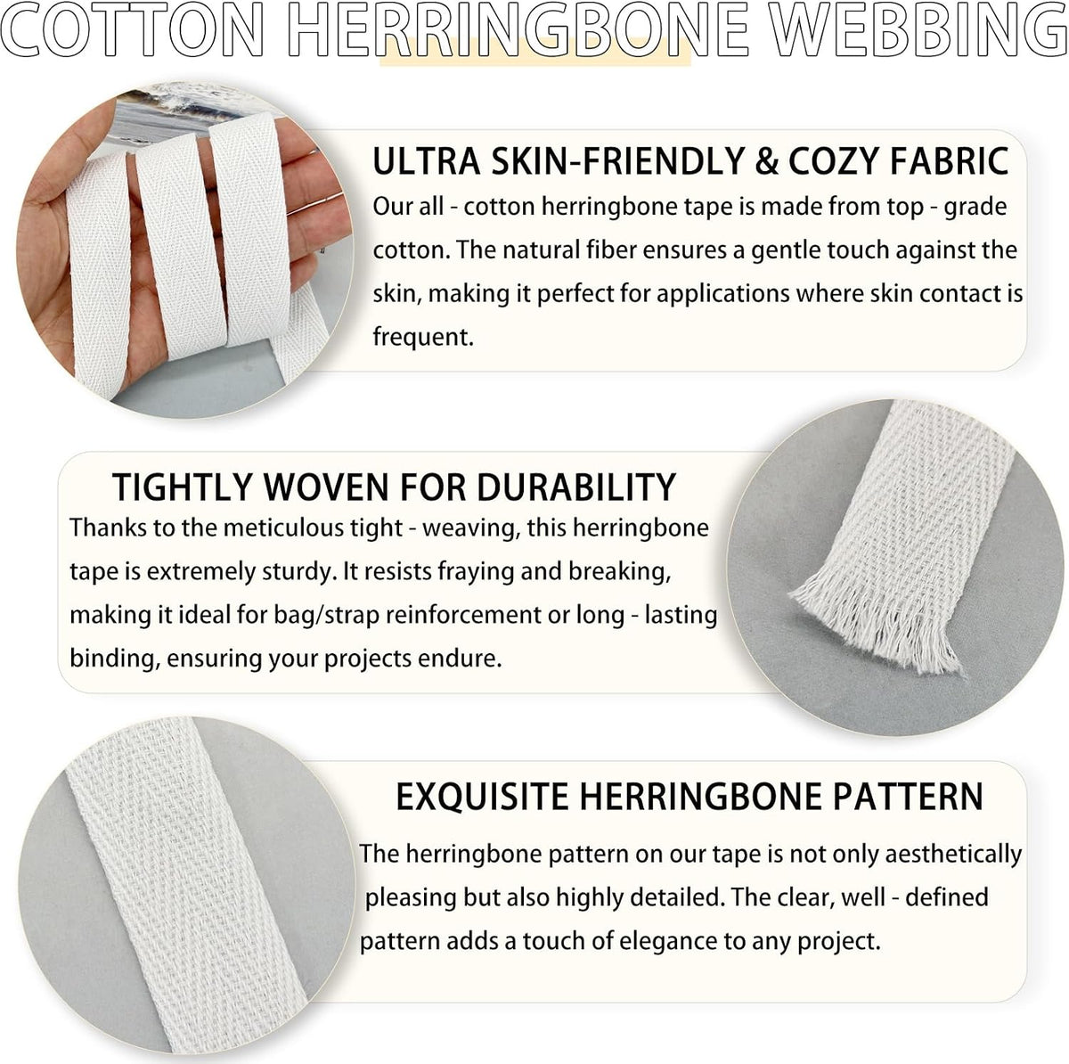 White Cotton Twill Tape 3/4" x50yds Herringbone Webbing Sewing Trim