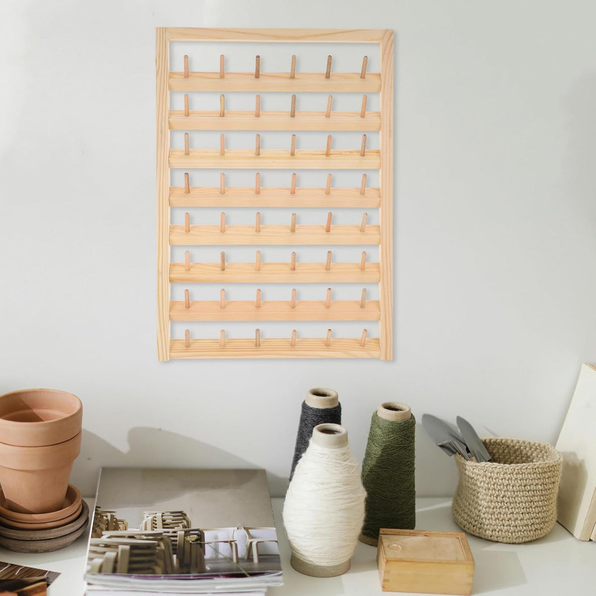 Wooden Thread Spool Organizer Rack for Sewing Supplies, 48 Slots