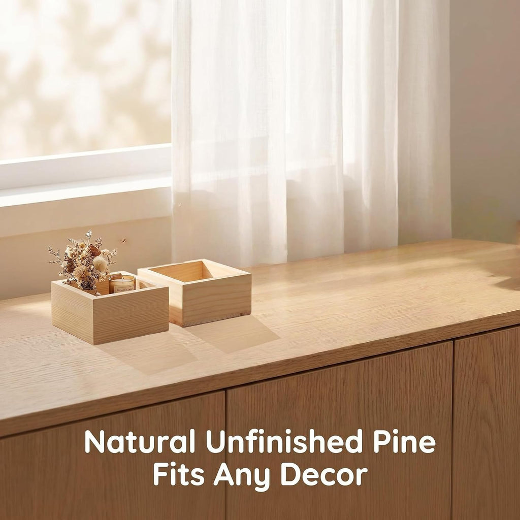 4 Pack Square Unfinished Pine Wood Storage Boxes, Natural Wooden