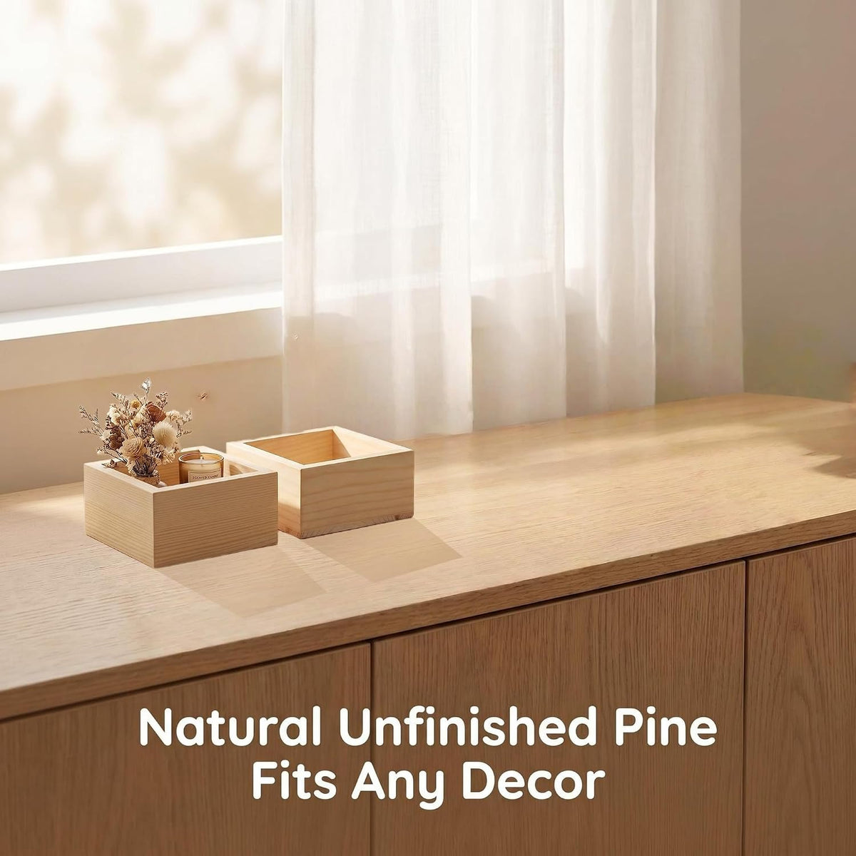 4 Pack Square Unfinished Pine Wood Storage Boxes, Natural Wooden