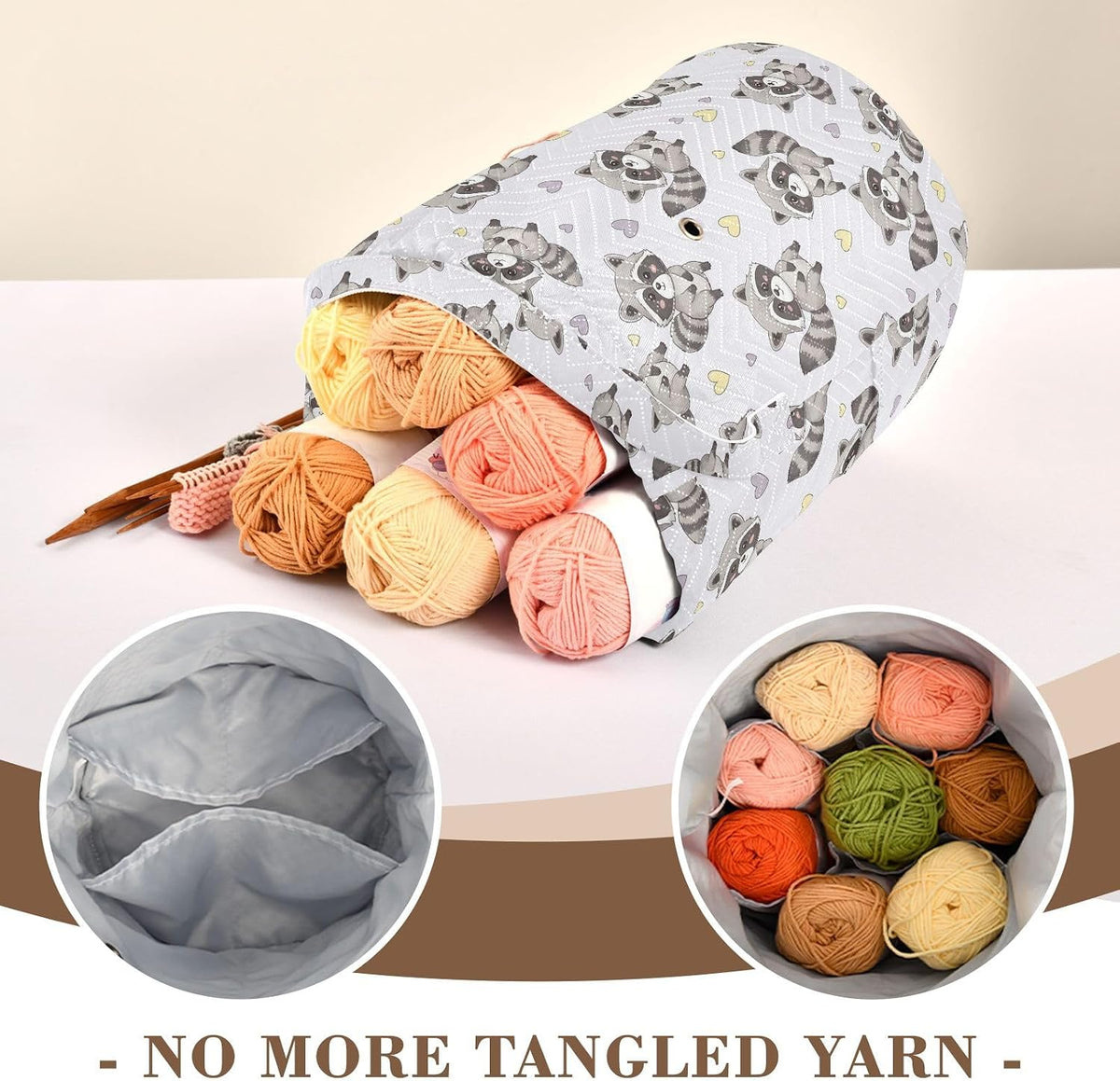 Cute Animals Raccoon White Crochet Bag Organizer Portable Yarn Storage