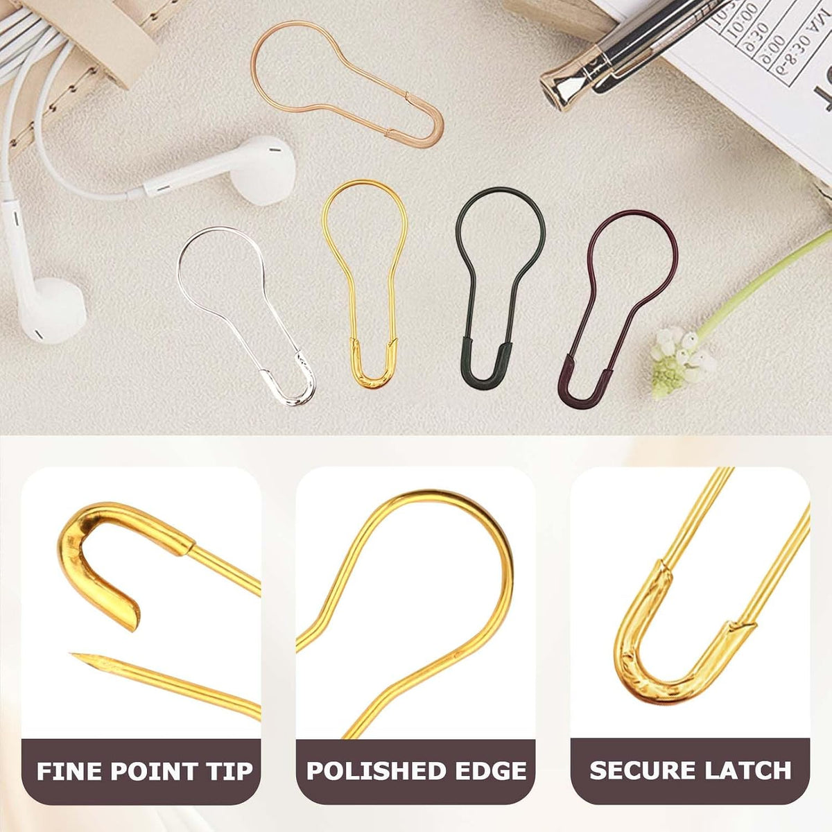 300Pcs Mixed Colored Safety Pins - 0.9In Metal Calabash Bulb Clothing