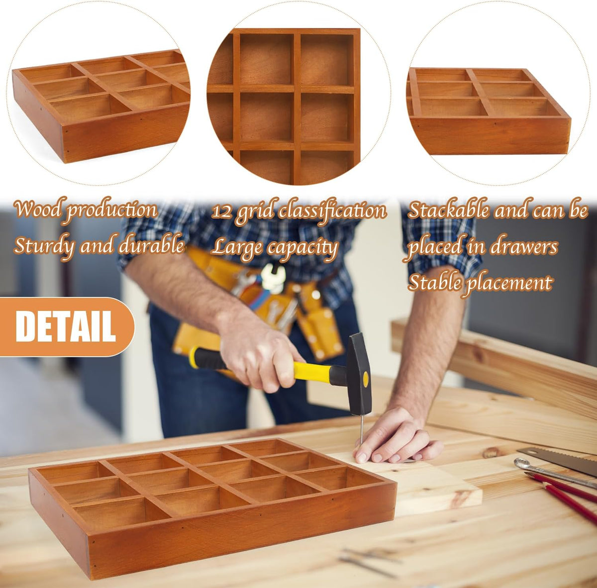 Wooden Tray, 2 Pack Wood Drawer Organizer Drawer Organizer 12 Grid