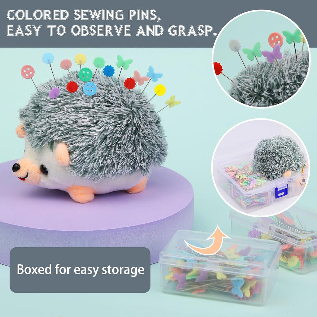 FTEVEN 400 Pieces Flat Head Straight Pins with Hedgehog Pincushion