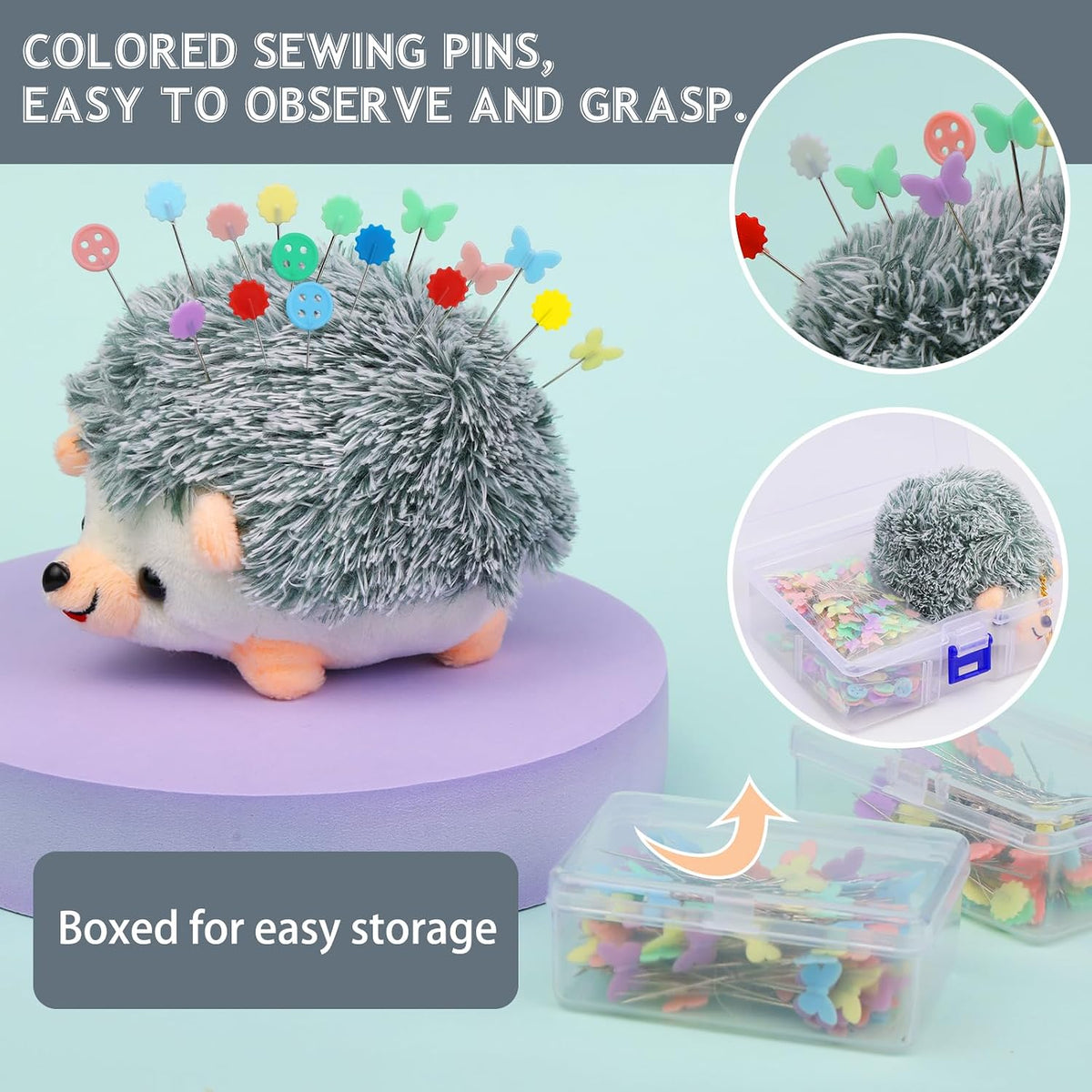 FTEVEN 400 Pieces Flat Head Straight Pins with Hedgehog Pincushion