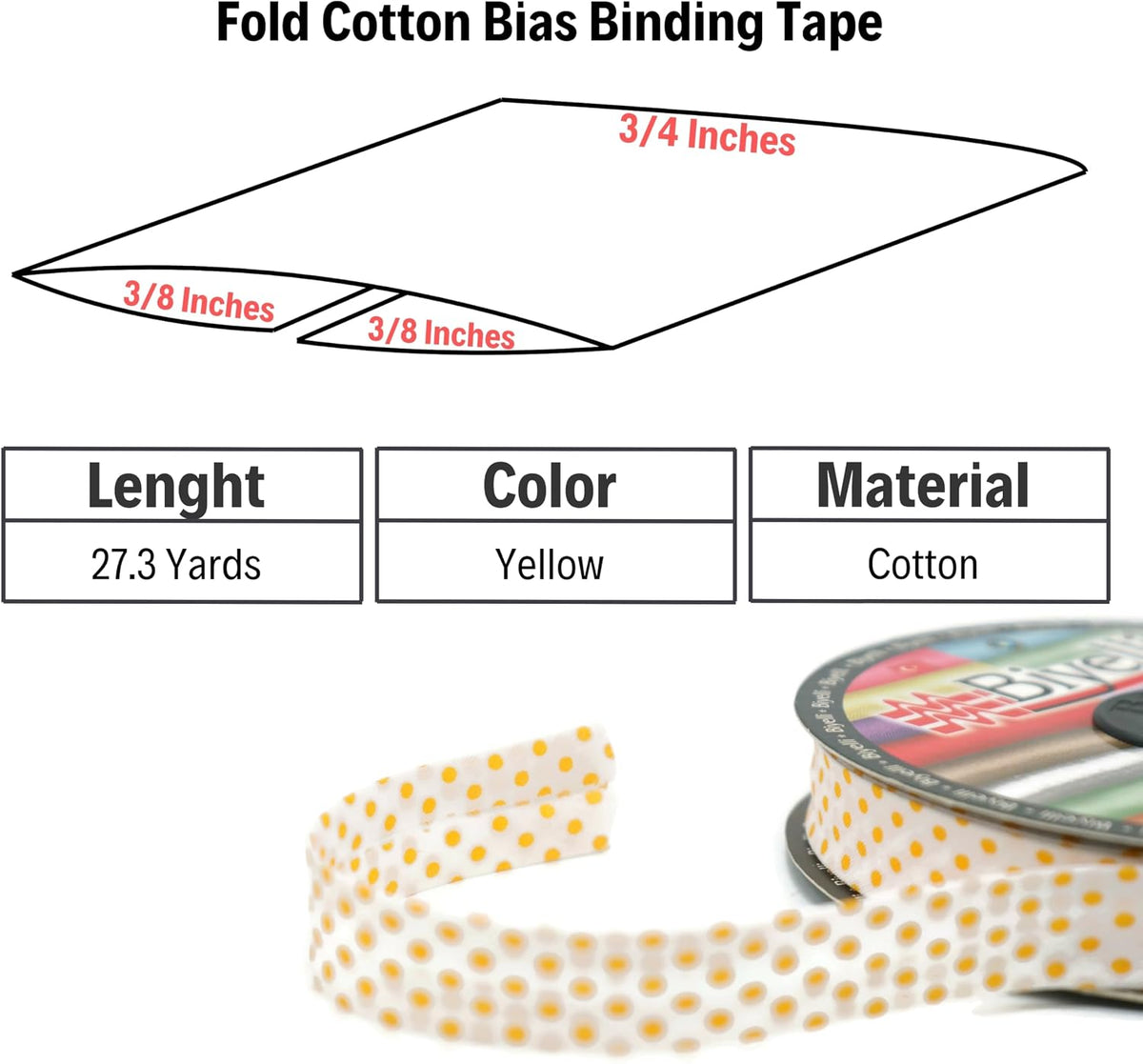 Cotton Fold Bias Binding Tape - 3/4 Inches (20mm) Wide - 27 Yards