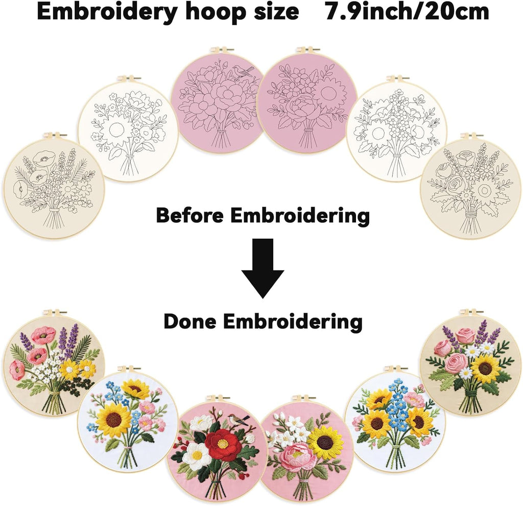 ORIGACH 6 Pack Flower Bouquet Embroidery Kit for Beginner