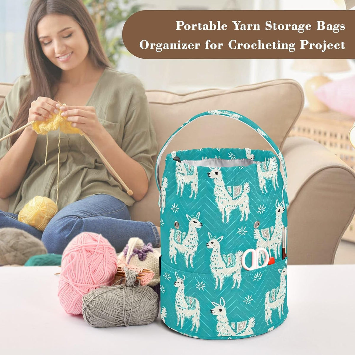 YETTASBIN Llama Yarn Storage Bag, Large Crochet Knitting Bag Organizer