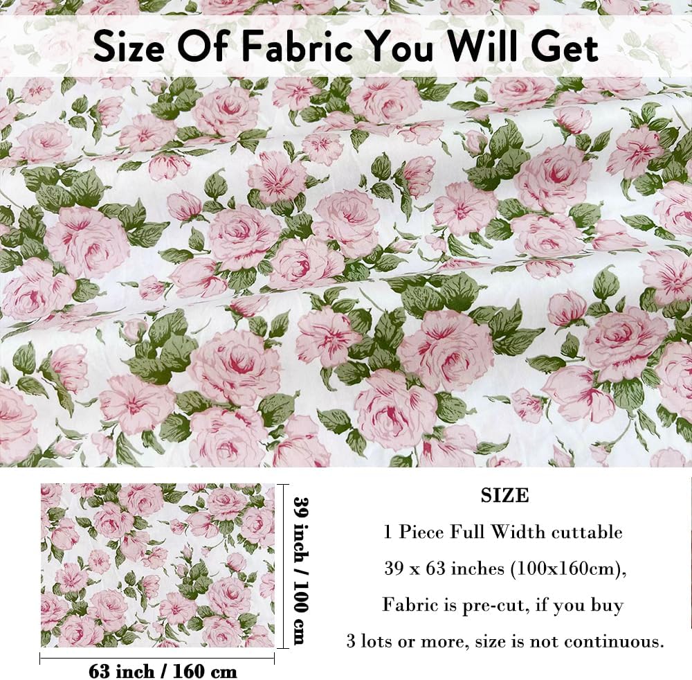 100% Cotton Precut Fabric,39"x63",Pink Rose Floral Print for Quilting