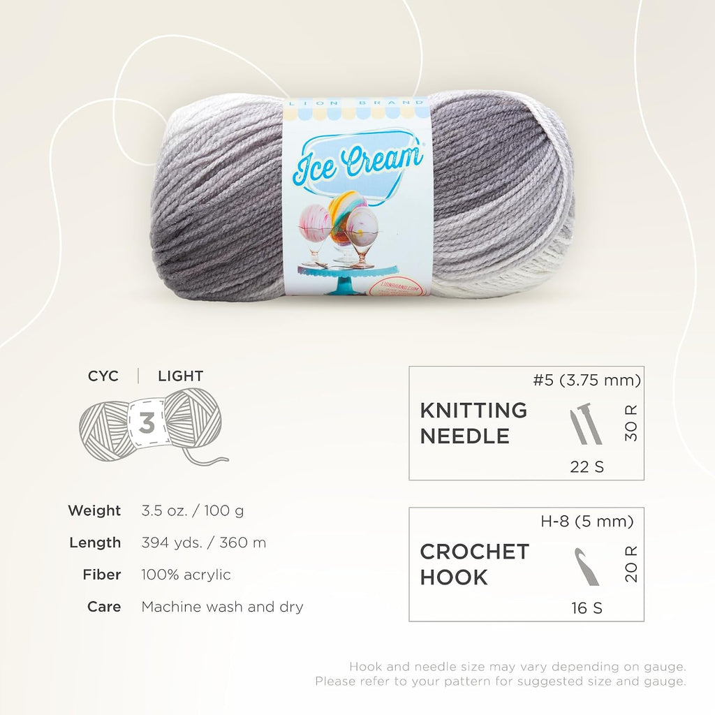 Lion Brand Yarn, Ice Cream Crochet Yarn, Cookies & Cream, Gray, 3 Pack