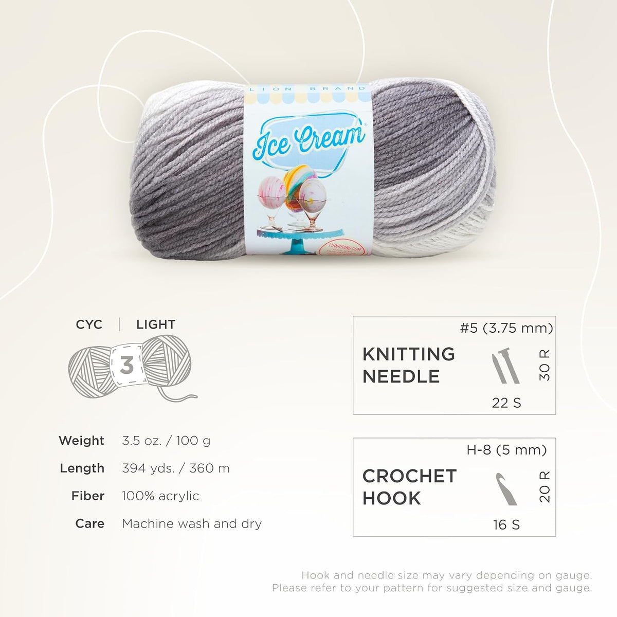 Lion Brand Yarn, Ice Cream Crochet Yarn, Cookies & Cream, Gray, 3 Pack