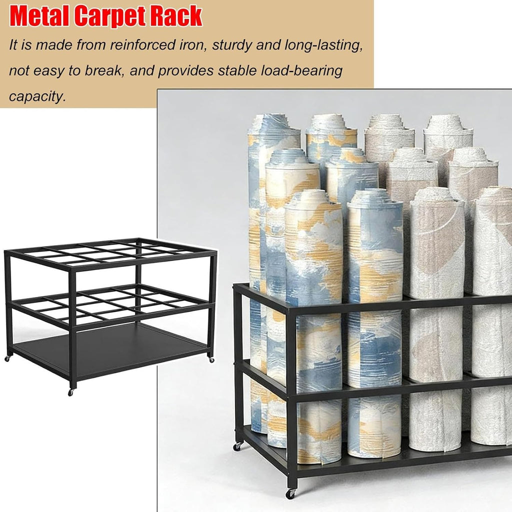 SOBS Mobile Rug Roll Storage Cart, Heavy‐Duty Metal 3‐Tier Display