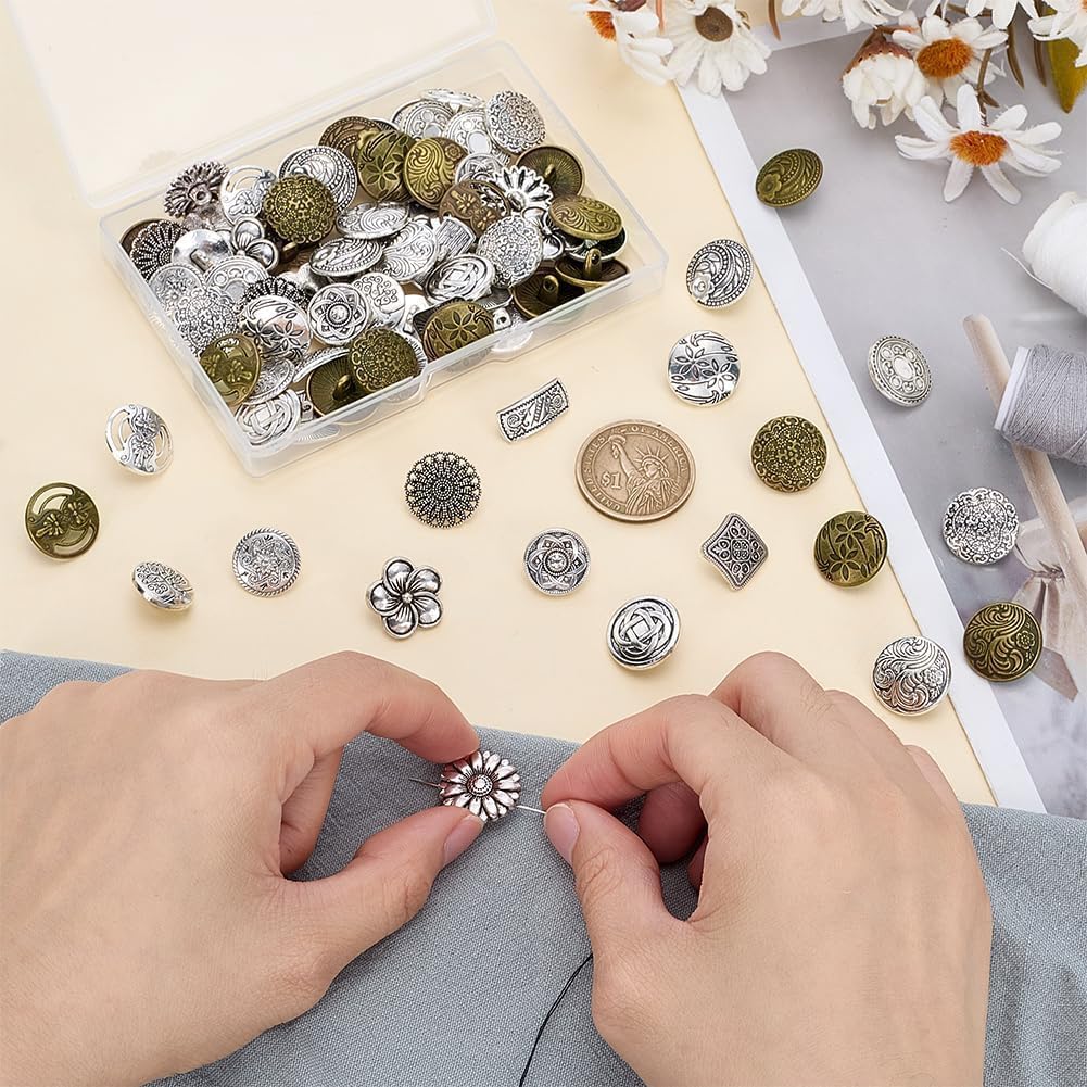 PH PandaHall 80pcs 20 Styles Alloy Metal Buttons 13~18mm Vintage Shank