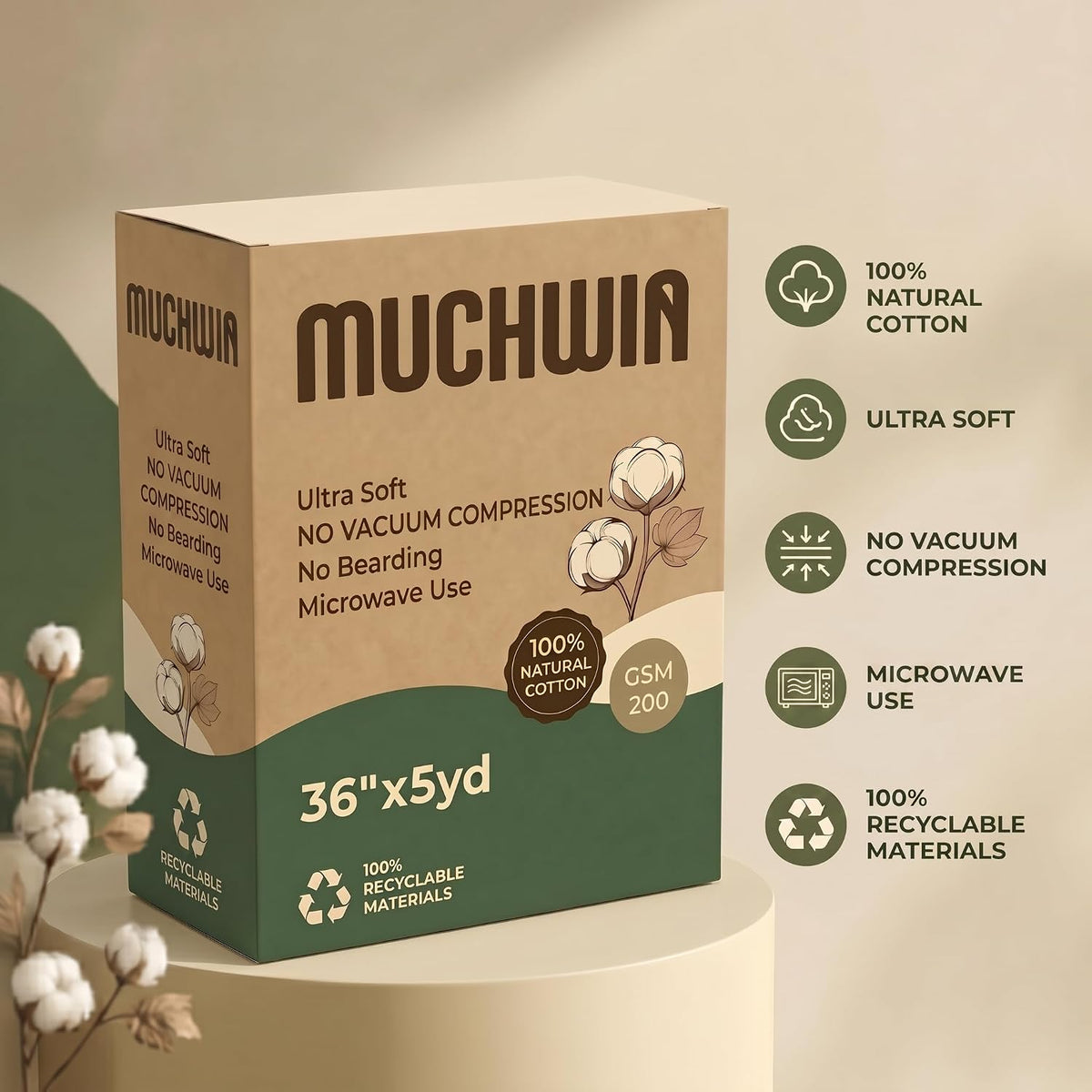 MUCHWIN 100% Cotton Batting for Quilting 36" x5Yd, 200GSM Quilt