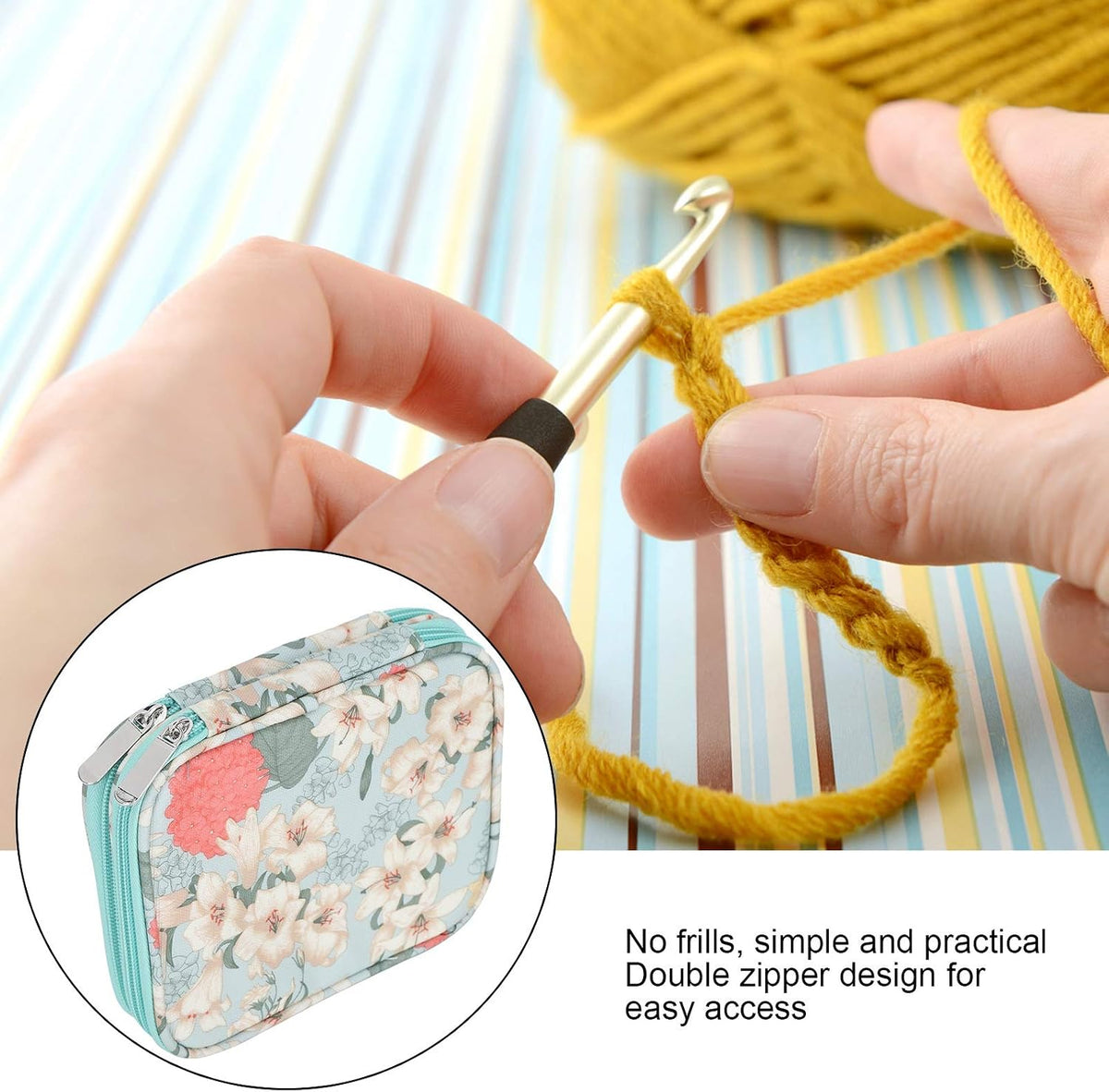 HEEPDD Crochet Hook Organizer Bag, Portable Double Zipper Storage Case