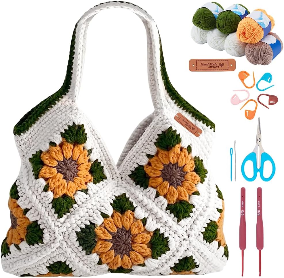 FREEBLOSS Crochet Sunflower Tote Bag Kit Beginners Crochet Kit for