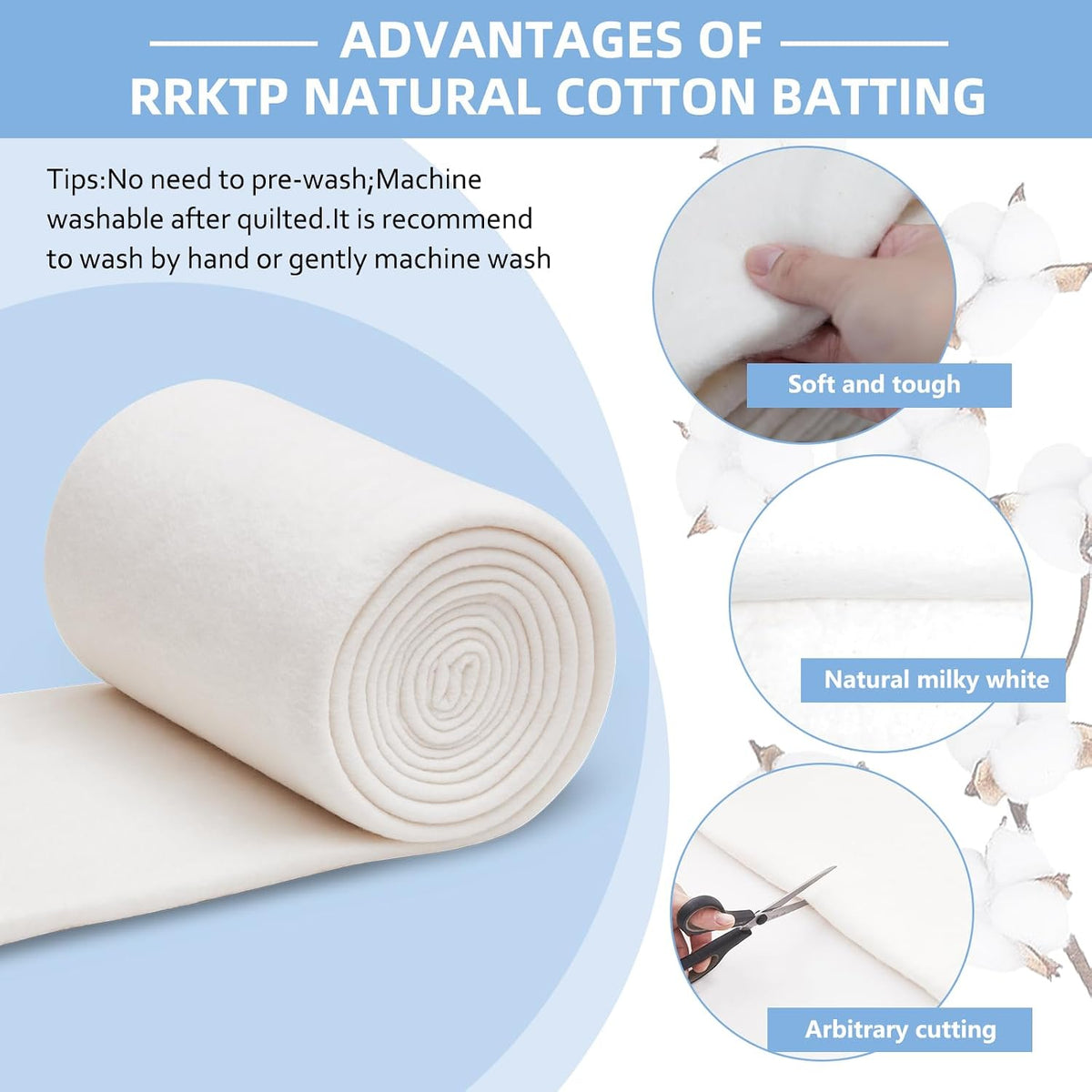 RRKTP Cotton Quilt Batting By The Roll,100% Cotton Batting for