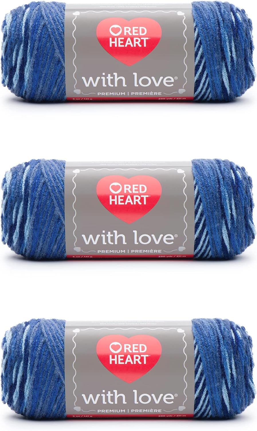 Red Heart with Love Acrylic Yarn for Crocheting, Deep Blues, 3-Pack