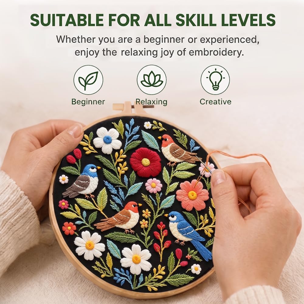 Bird Embroidery Kit for Beginners, Floral Hand Embroidery Starter Kit