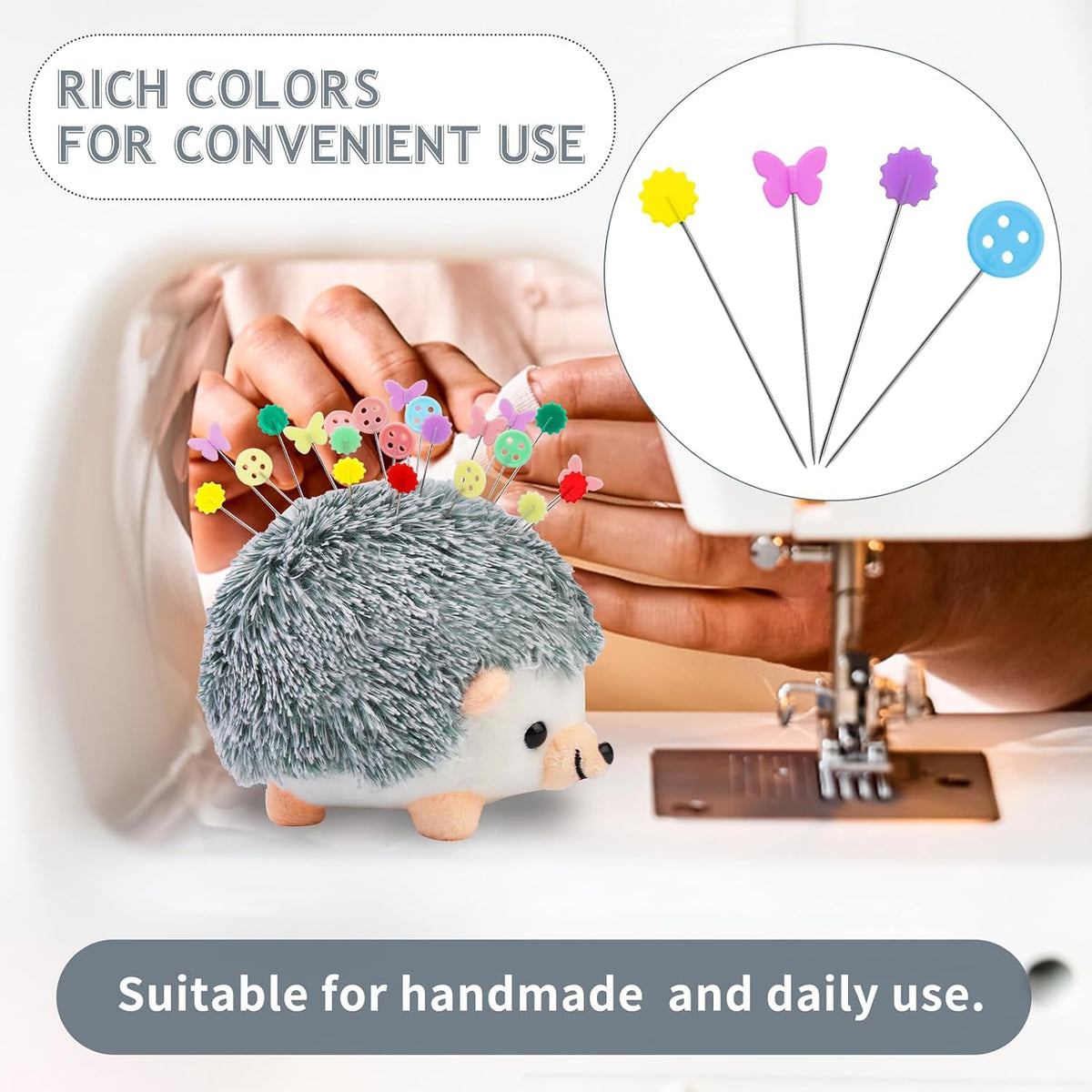 FTEVEN 400 Pieces Flat Head Straight Pins with Hedgehog Pincushion