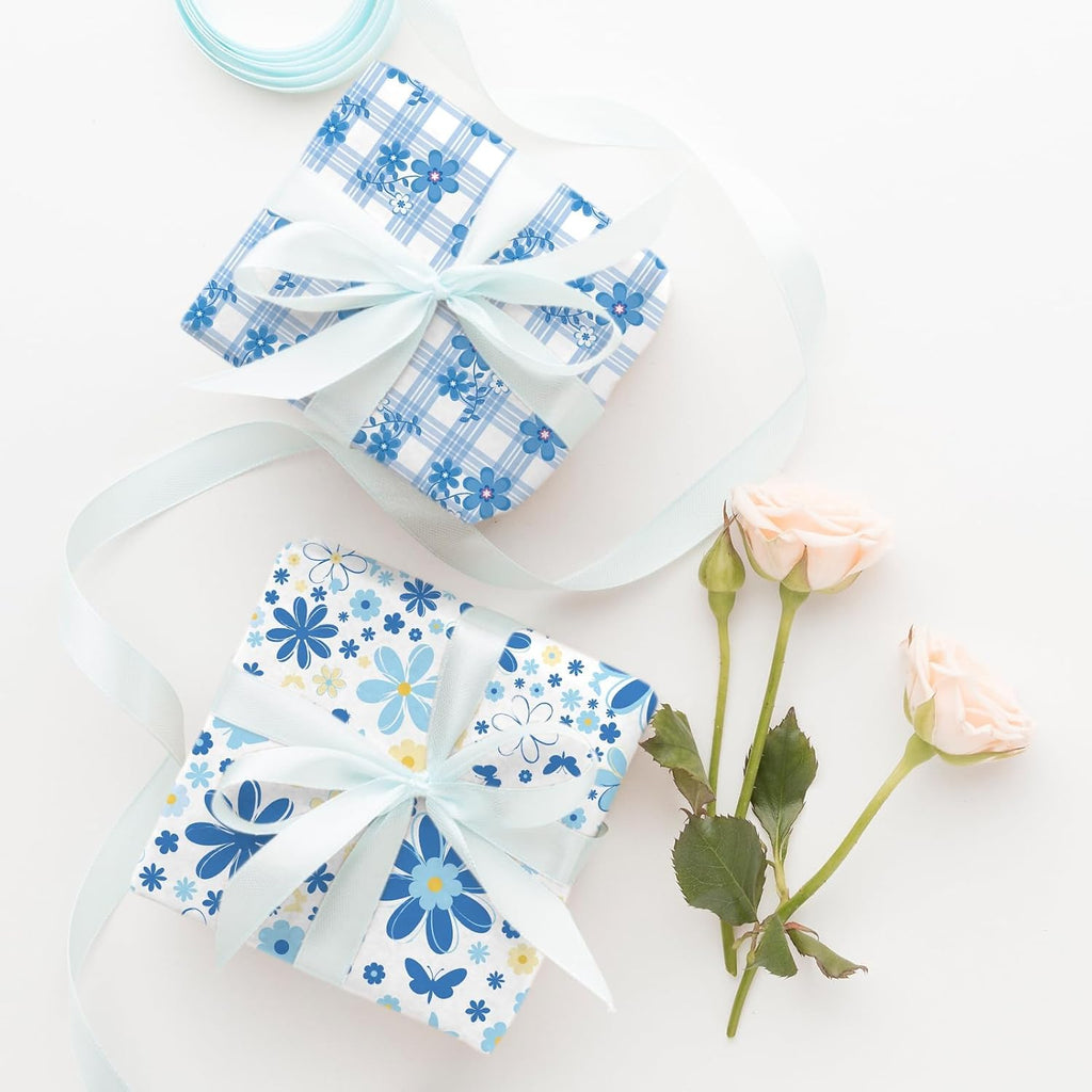 Whaline 32 Pcs Blue Floral Cotton Fabric Bundles Dot Plaid Flower