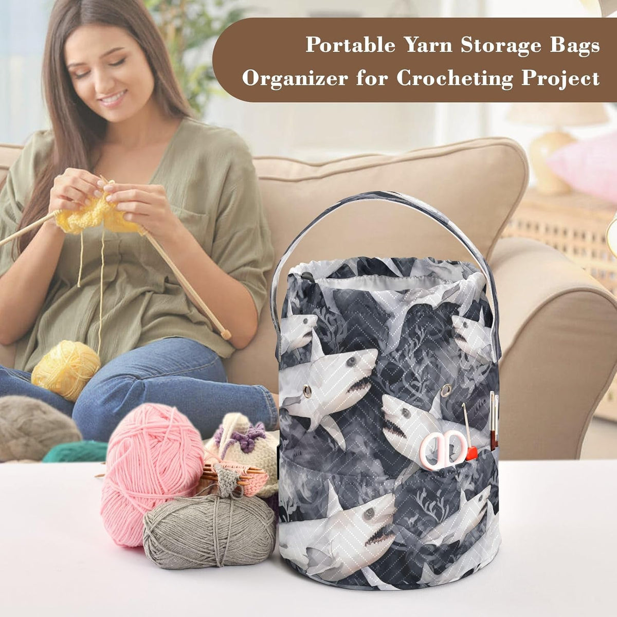 YETTASBIN Shark Yarn Storage Bag, Large Crochet Knitting Bag Organizer